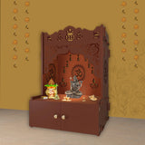 Holy Symbol Om Chakra Floor Temple with Spacious Wooden Shelf & Inbuilt Focus Light - Brown Finish - Decor Smart
