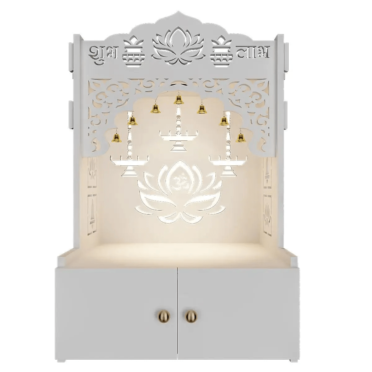 Lotus White Finish Wooden Wall Temple for Home With Inbuilt focus Lights & Spacious Shelf - Decor Smart