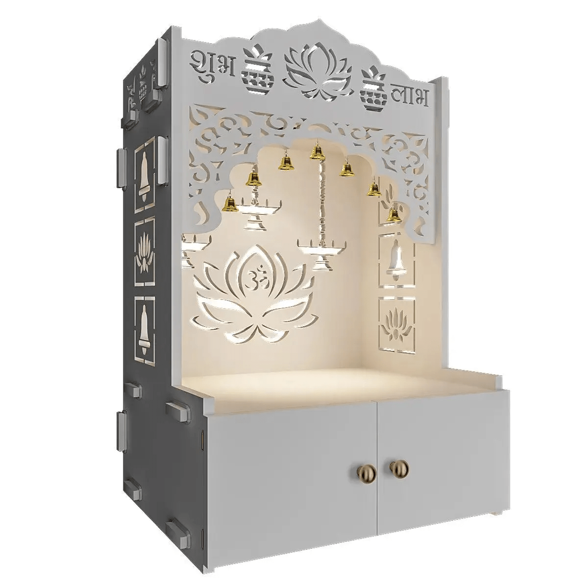 Lotus White Finish Wooden Wall Temple for Home With Inbuilt focus Lights & Spacious Shelf - Decor Smart
