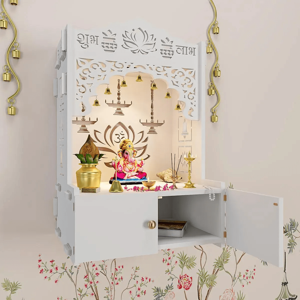 Lotus White Finish Wooden Wall Temple for Home With Inbuilt focus Lights & Spacious Shelf - Decor Smart