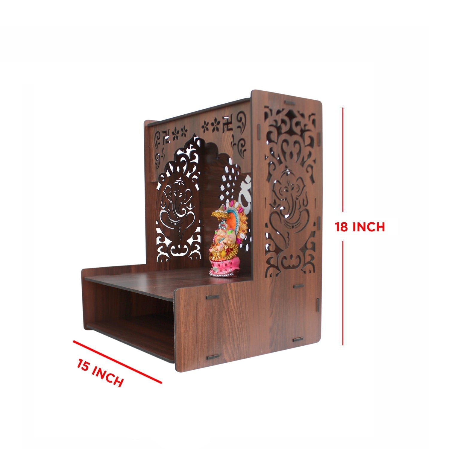 Luxurious Wooden Temple for Home, Office with Spacious Shelf & Inbuilt Focus Lights - Decor Smart