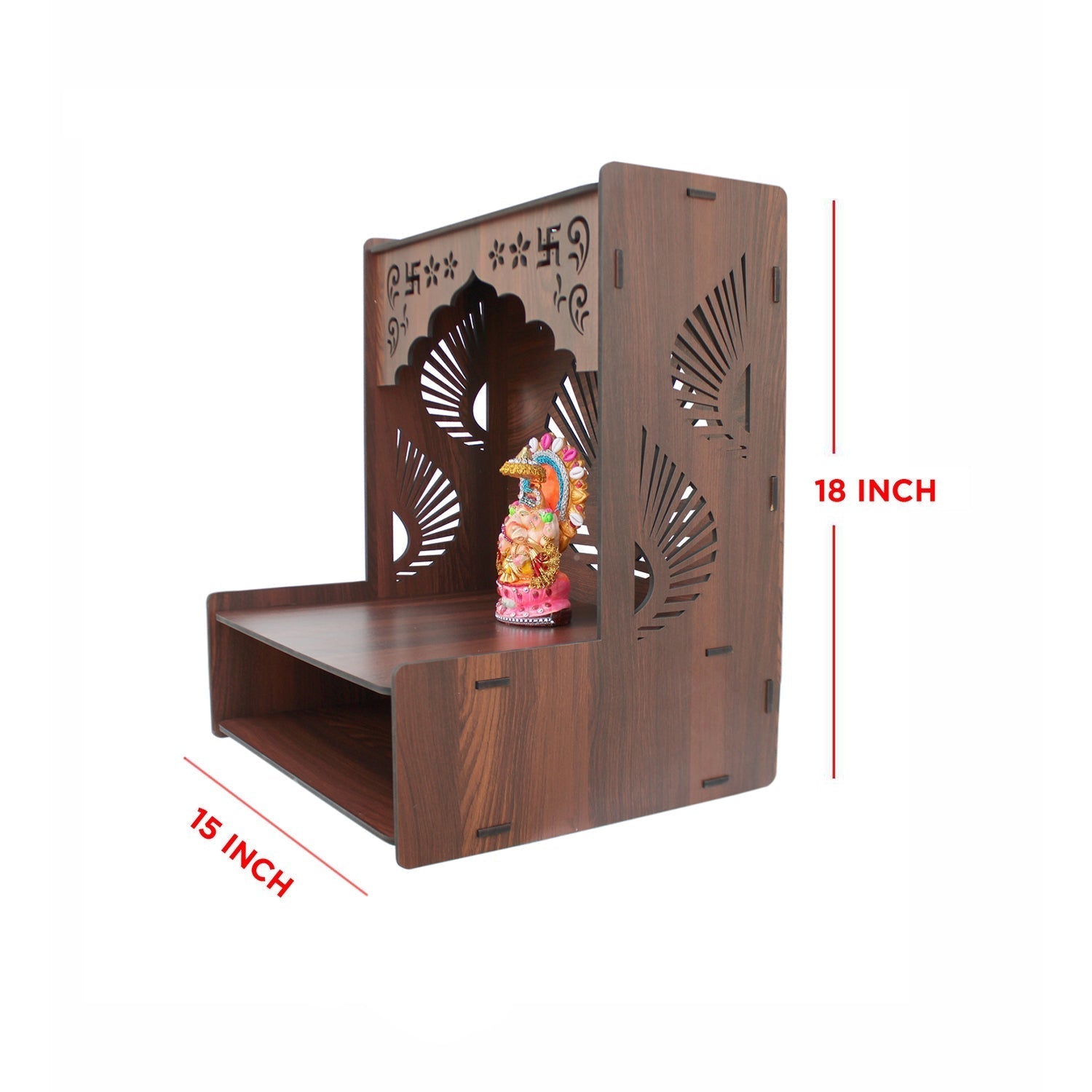 Luxurious Wooden Temple for Home with Spacious Shelf & Inbuilt Focus Lights - Decor Smart