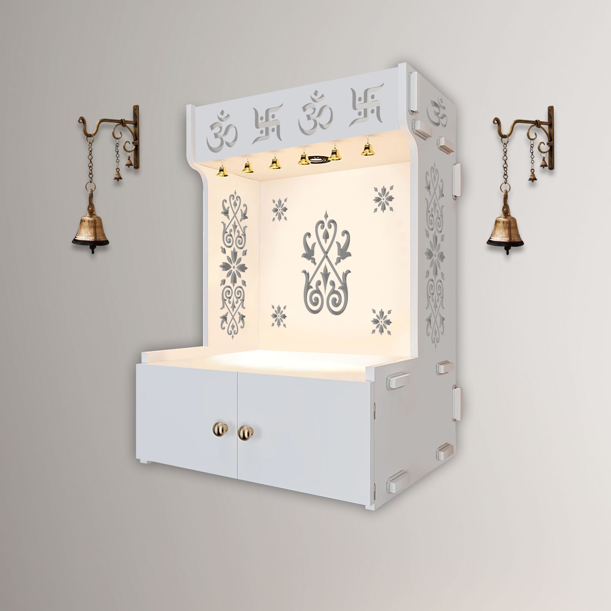 OM Swastika Symbol of Hindu Religious White Wooden Wall Temple for Home With Inbuilt focus Lights & Spacious Shelf - Decor Smart