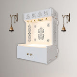 OM Swastika Symbol of Hindu Religious White Wooden Wall Temple for Home With Inbuilt focus Lights & Spacious Shelf - Decor Smart
