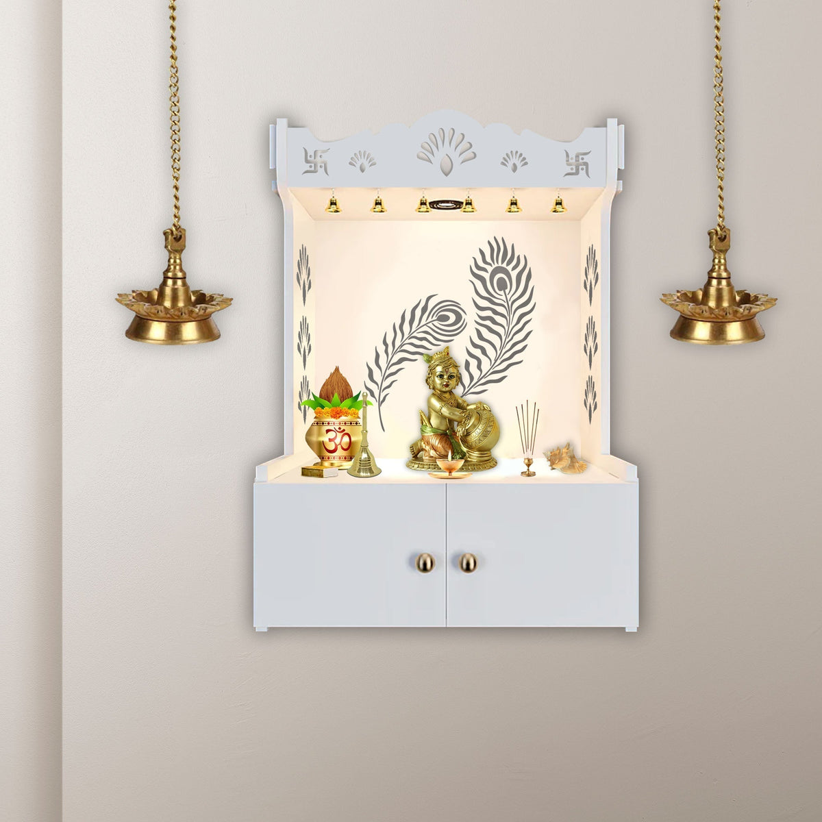 Premium Art of Mor Pankh White Wooden Temple for Home with Inbuilt Focus Light & Spacious Shelf - Decor Smart