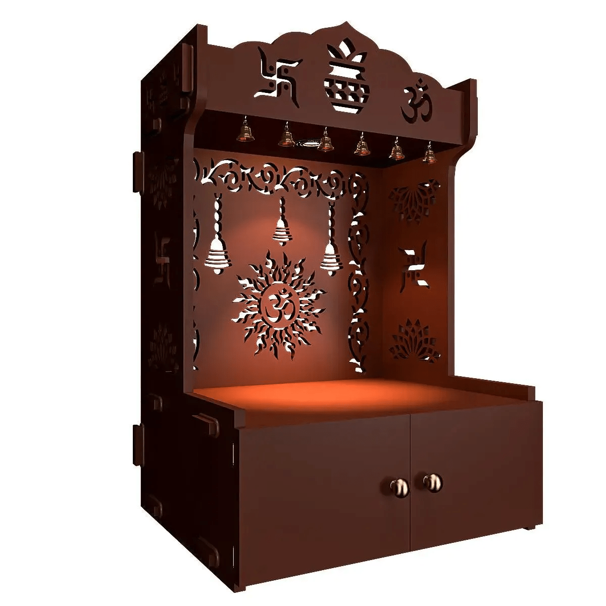 Premium Wall Temple with Inbuilt Focus Light & Spacious Wooden Shelf - Brown - Decor Smart