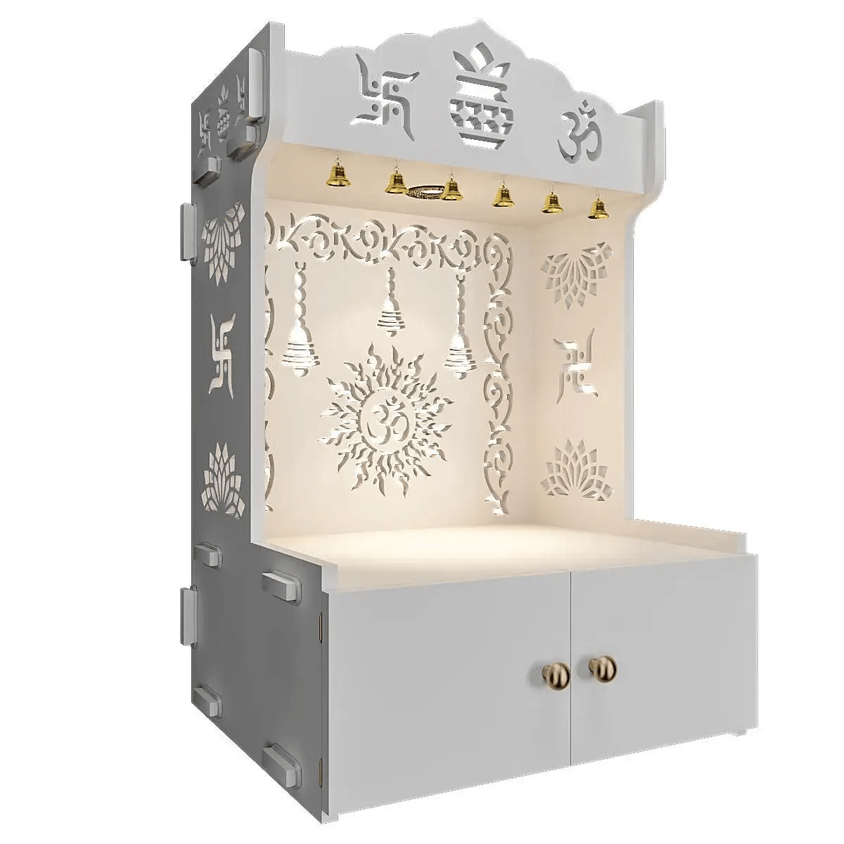 Premium Wall Temple with Inbuilt Focus Light & Spacious Wooden Shelf - White - Decor Smart