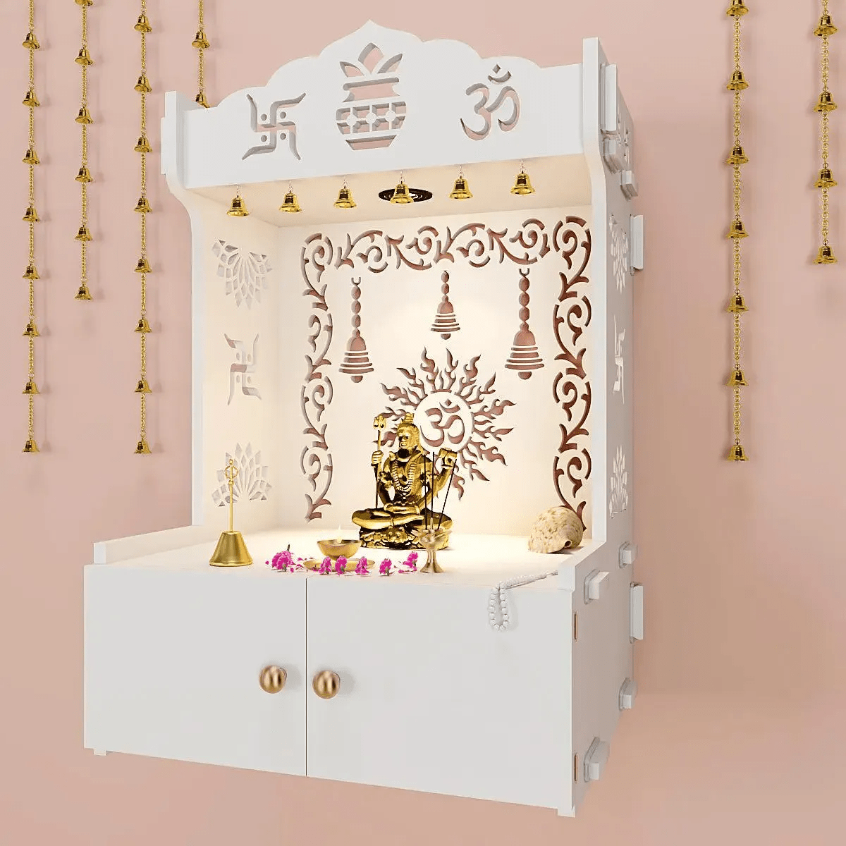 Premium Wall Temple with Inbuilt Focus Light & Spacious Wooden Shelf - White - Decor Smart