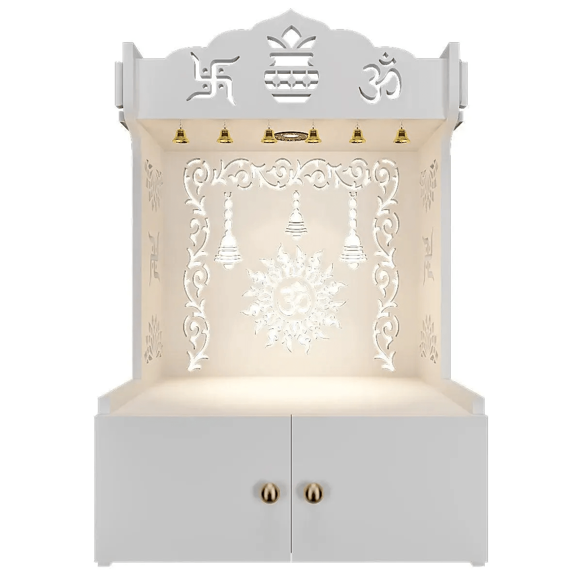 Premium Wall Temple with Inbuilt Focus Light & Spacious Wooden Shelf - White - Decor Smart