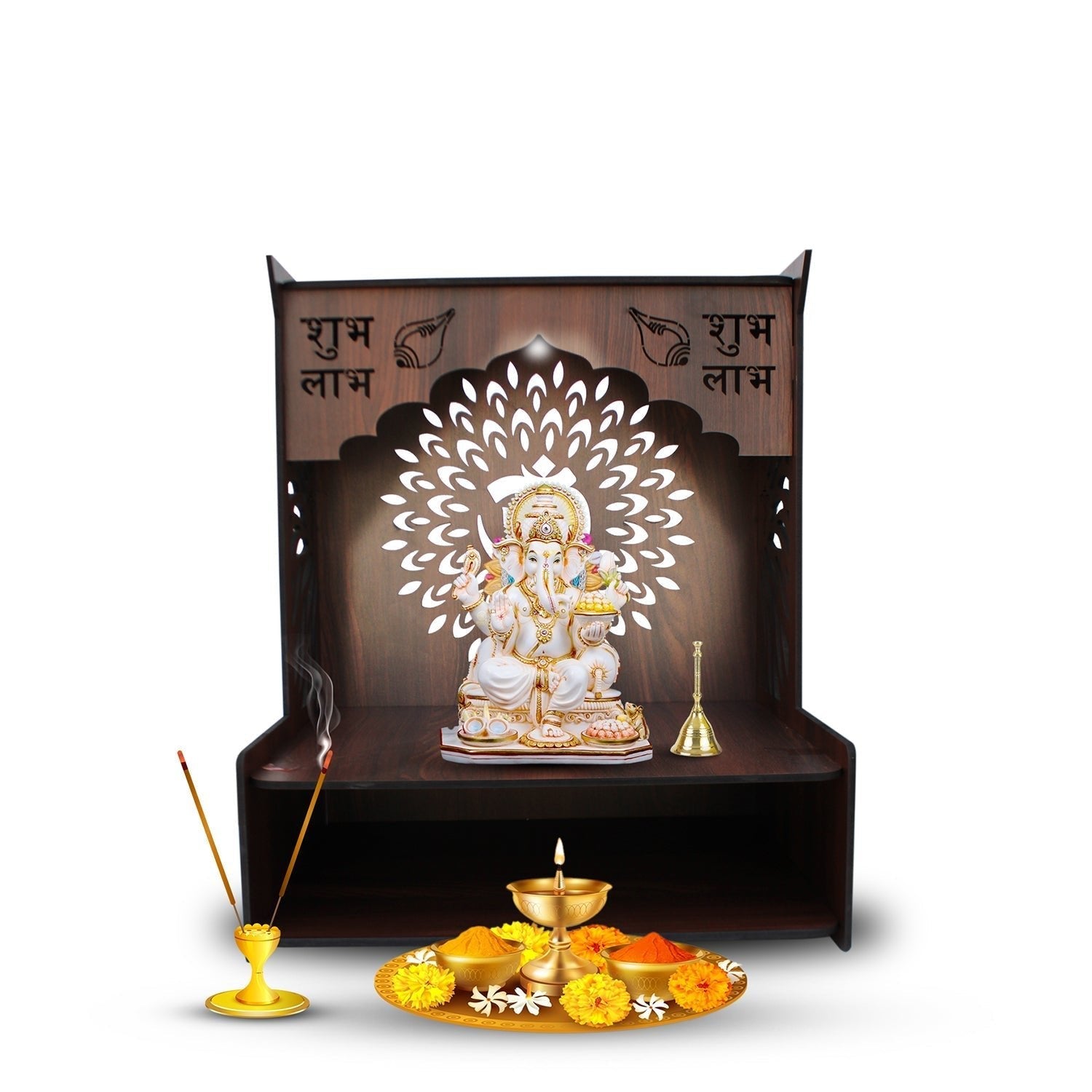 Premium Wooden Temple for Home with Spacious Shelf & Inbuilt Focus Lights - Decor Smart