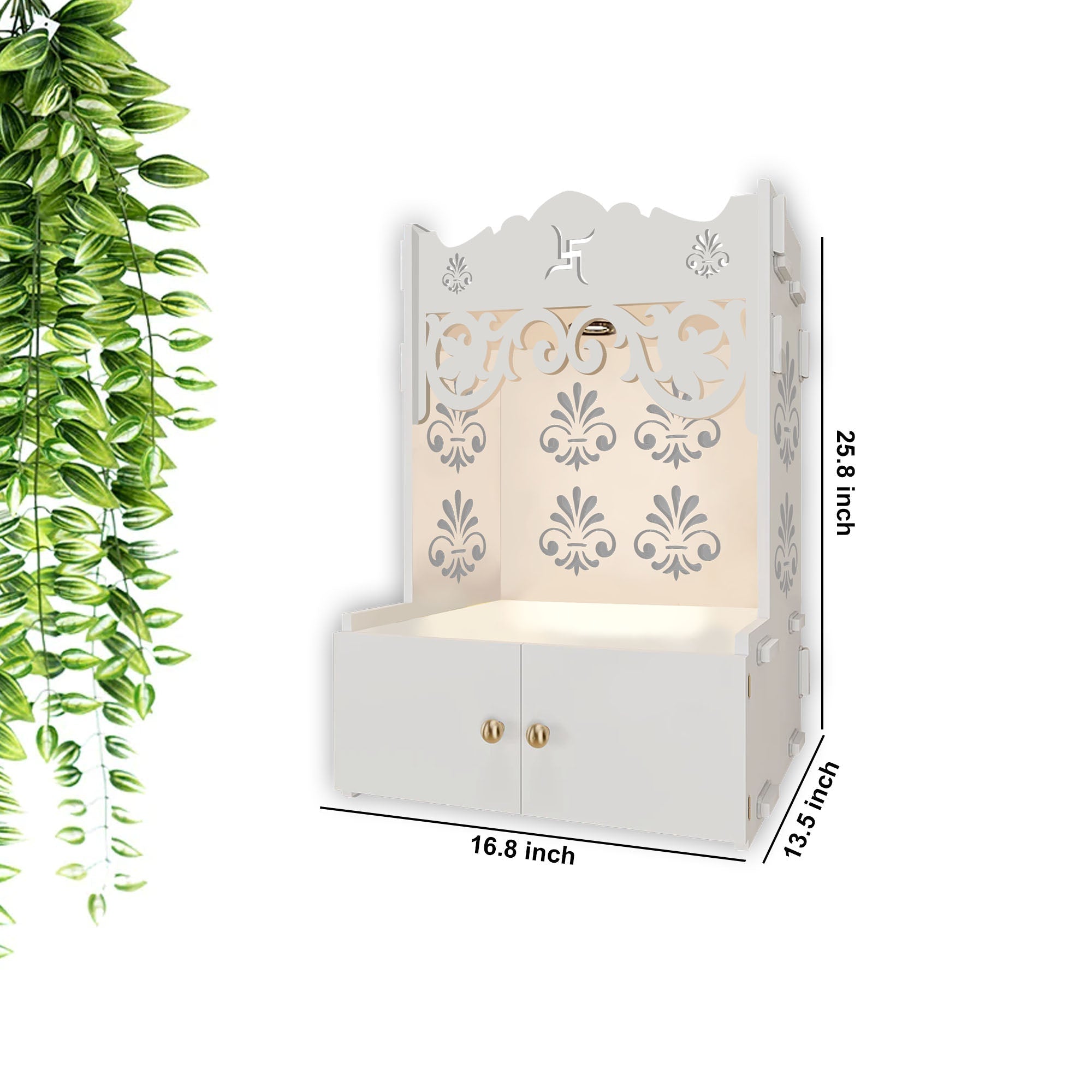 Shubh Labh Symbol of Hindu Religious White Wooden Wall Temple for Home With Inbuilt focus Lights & Spacious Shelf - Decor Smart