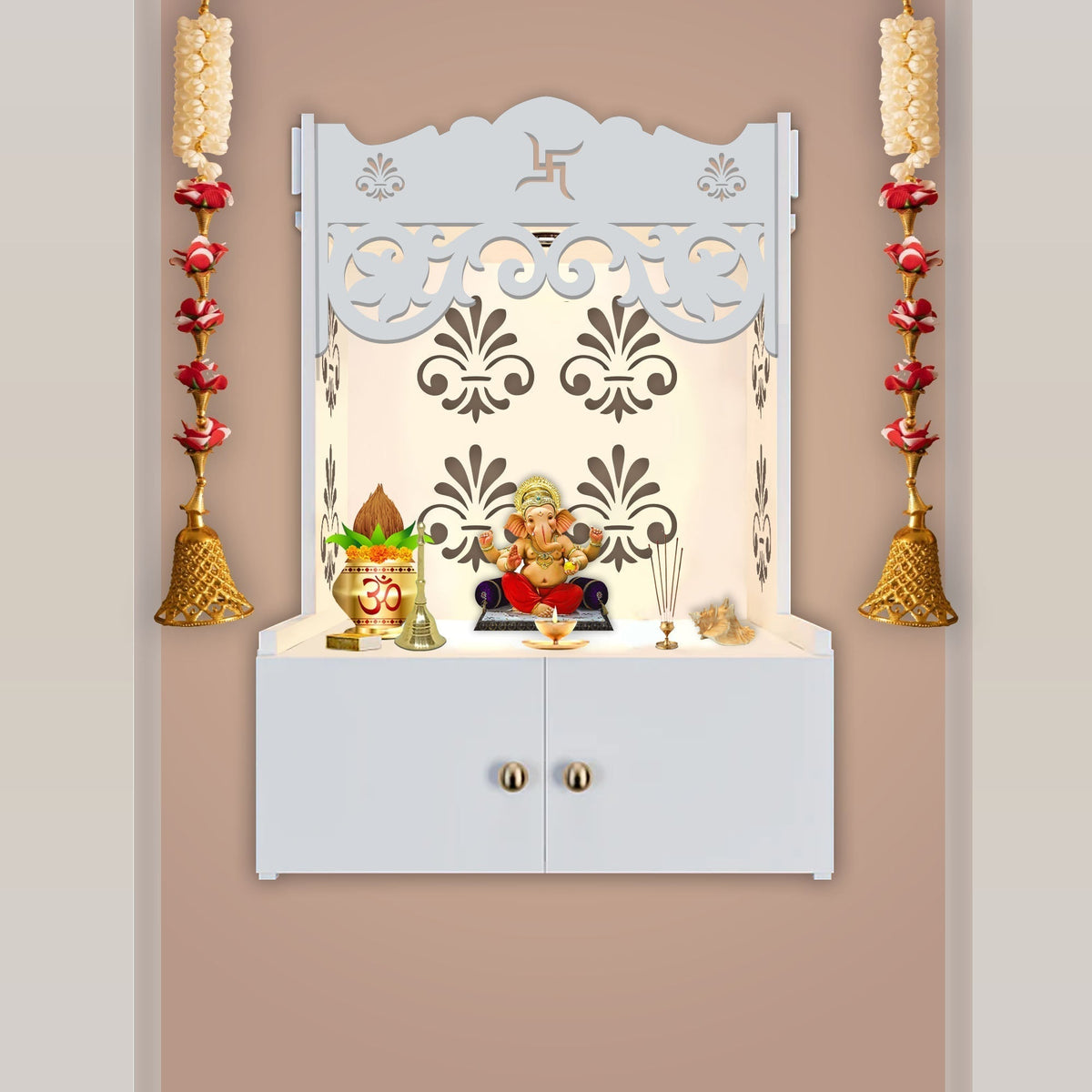 Shubh Labh Symbol of Hindu Religious White Wooden Wall Temple for Home With Inbuilt focus Lights & Spacious Shelf - Decor Smart