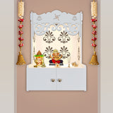 Shubh Labh Symbol of Hindu Religious White Wooden Wall Temple for Home With Inbuilt focus Lights & Spacious Shelf - Decor Smart