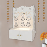 Shubh Labh Symbol of Hindu Religious White Wooden Wall Temple for Home With Inbuilt focus Lights & Spacious Shelf - Decor Smart