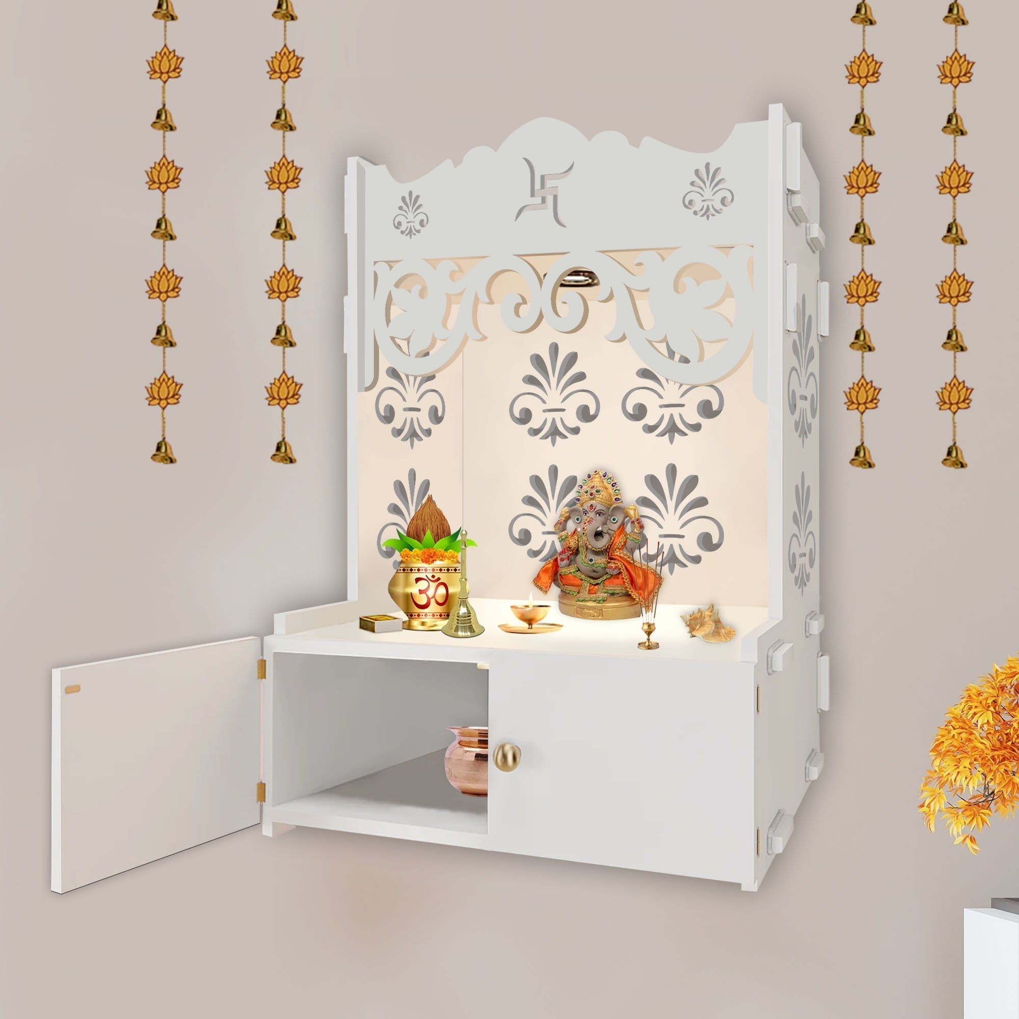 Shubh Labh Symbol of Hindu Religious White Wooden Wall Temple for Home With Inbuilt focus Lights & Spacious Shelf - Decor Smart