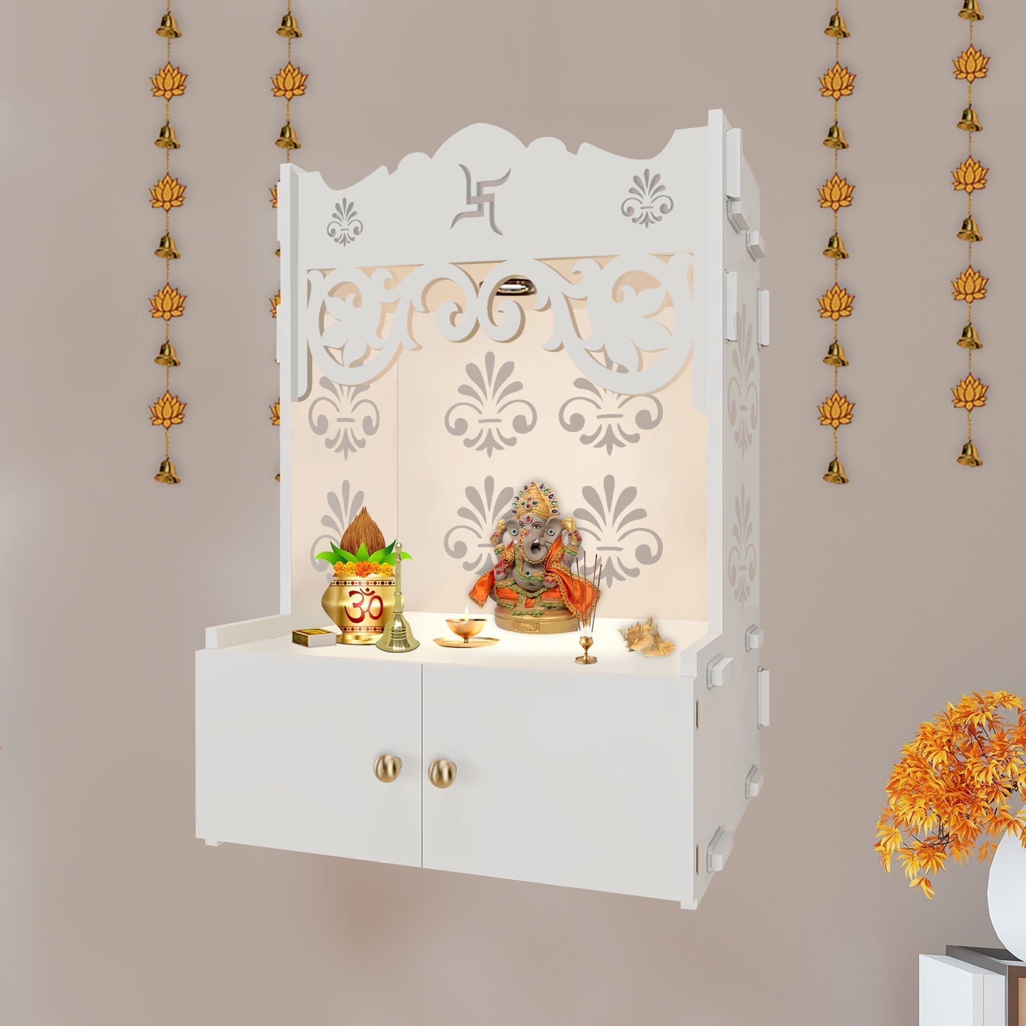 Shubh Labh Symbol of Hindu Religious White Wooden Wall Temple for Home With Inbuilt focus Lights & Spacious Shelf - Decor Smart