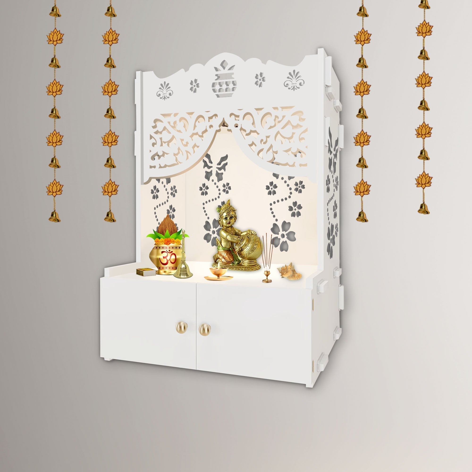 Swastika Kalash Symbol of Hindu Religious White Wooden Wall Temple for Home With Inbuilt focus Lights & Spacious Shelf - Decor Smart
