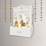 Swastika Kalash Symbol of Hindu Religious White Wooden Wall Temple for Home With Inbuilt focus Lights & Spacious Shelf - Decor Smart