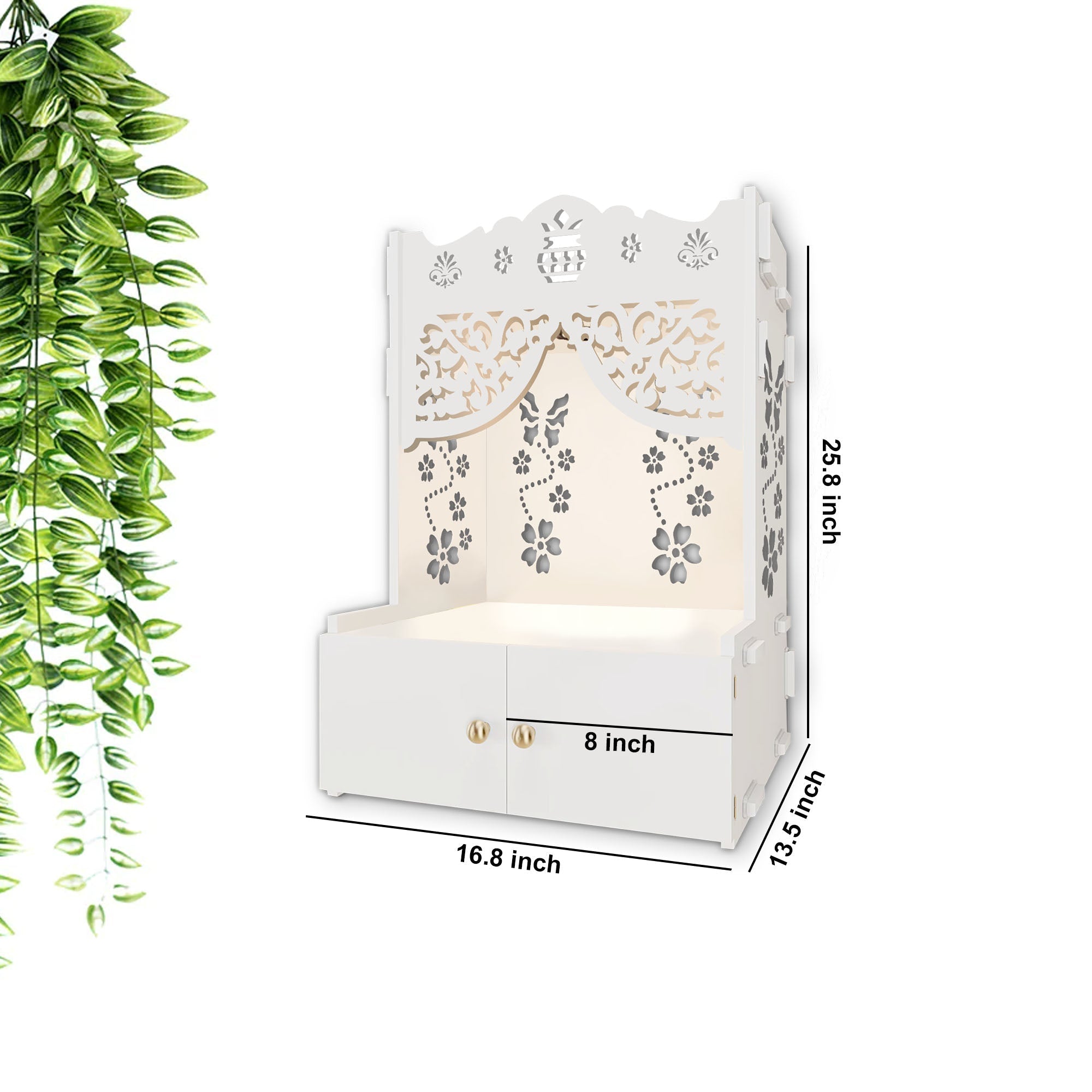 Swastika Kalash Symbol of Hindu Religious White Wooden Wall Temple for Home With Inbuilt focus Lights & Spacious Shelf - Decor Smart