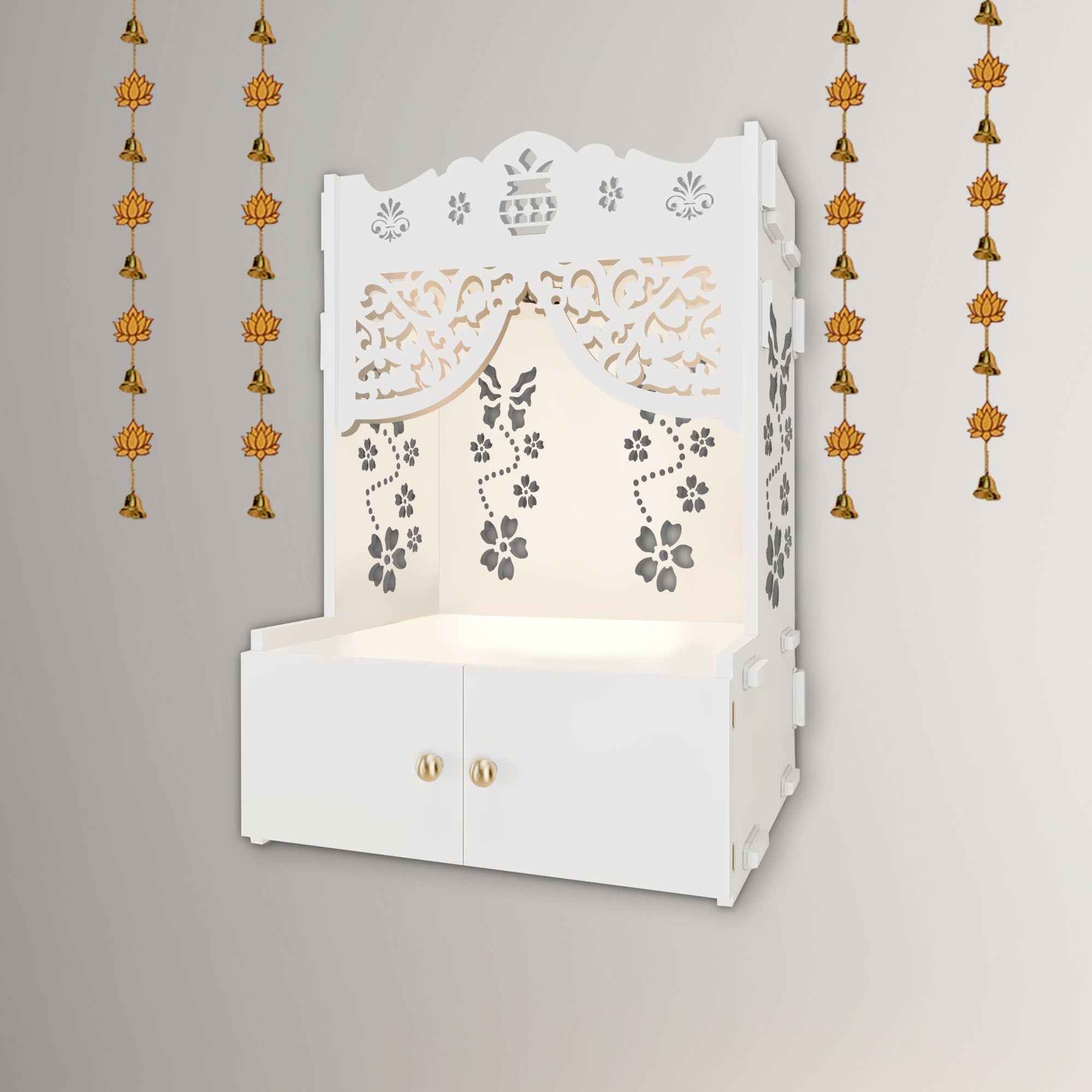 Swastika Kalash Symbol of Hindu Religious White Wooden Wall Temple for Home With Inbuilt focus Lights & Spacious Shelf - Decor Smart