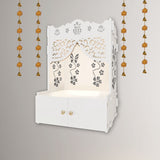 Swastika Kalash Symbol of Hindu Religious White Wooden Wall Temple for Home With Inbuilt focus Lights & Spacious Shelf - Decor Smart